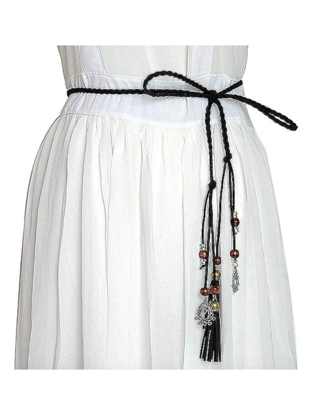 Black Braided Wrap-Around Waist Belt With Tassels & Metal Charms